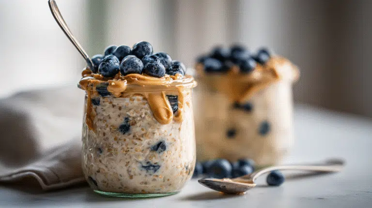 Protein Overnight Oats in a glass jar topped with almond butter and blueberries on a white marble countertop