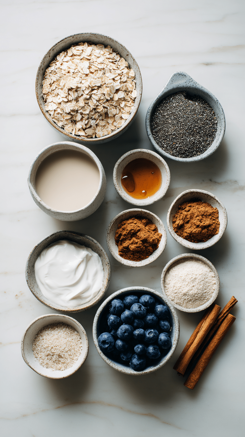 Ingredients for Protein Overnight Oats arranged on marble countertop