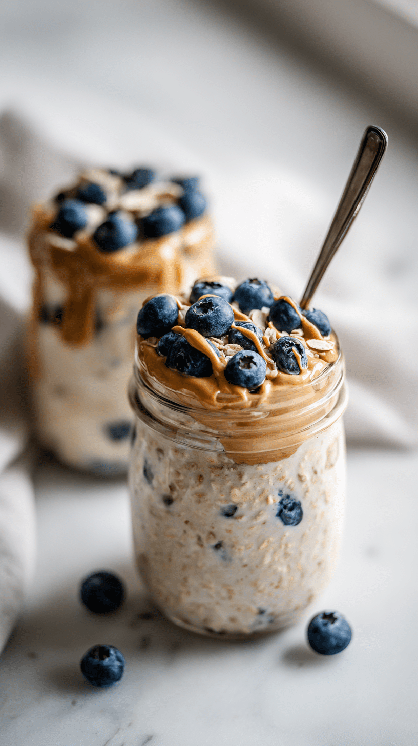 Top-down view of Protein Overnight Oats in a glass jar with almond butter and blueberries