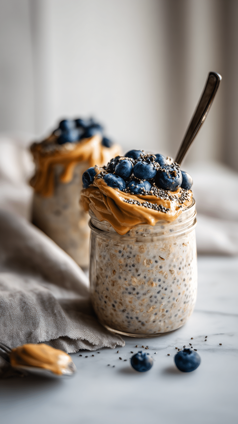 Protein Overnight Oats served in a glass jar with almond butter and blueberries on marble countertop