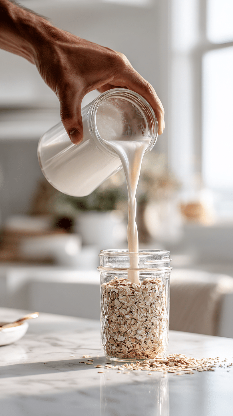 Step 1 of Protein Overnight Oats showing oats and almond milk being poured into a glass jar