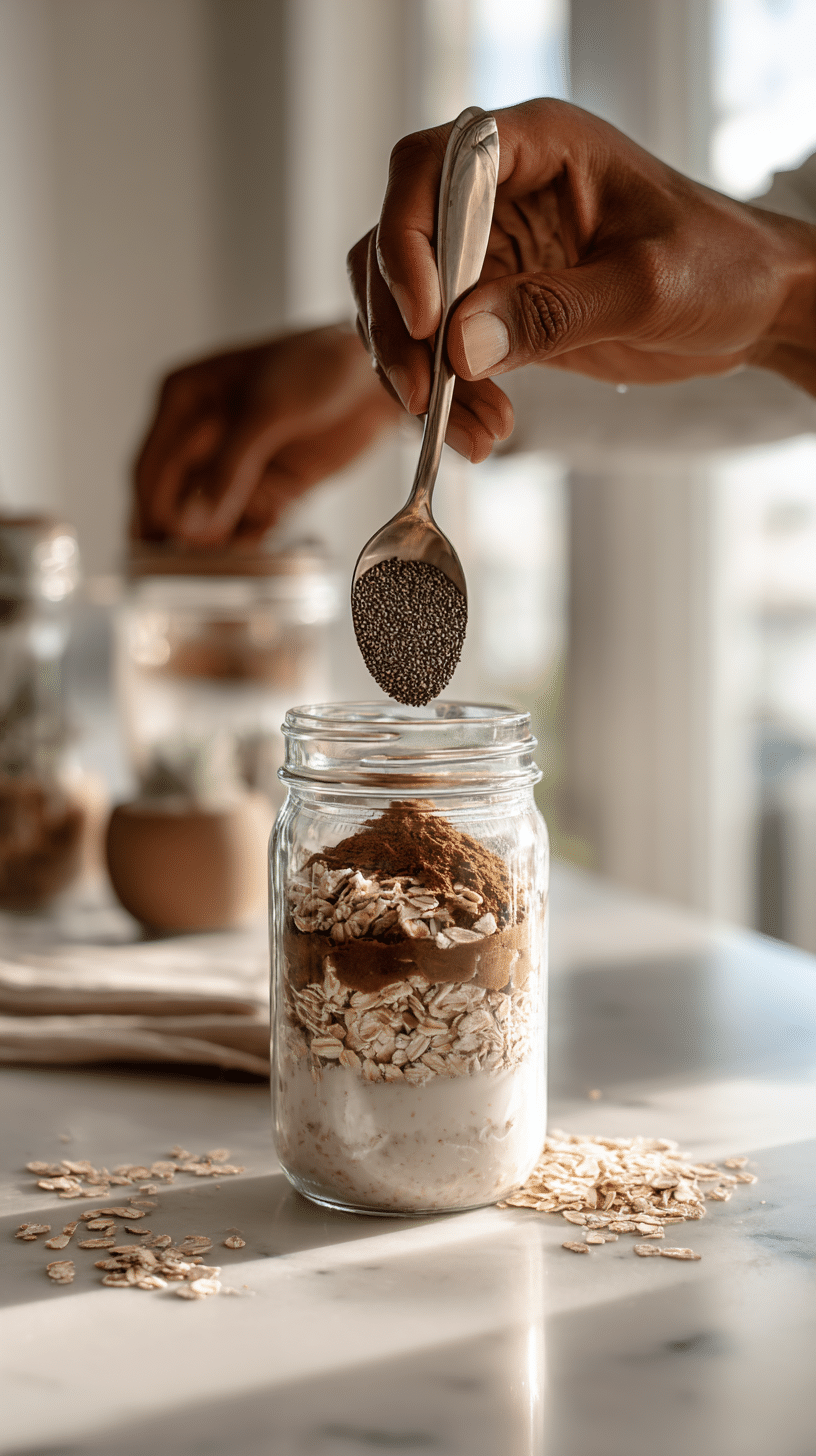 Step 2 of Protein Overnight Oats showing protein powder, chia seeds, cinnamon, and vanilla being added to the jar