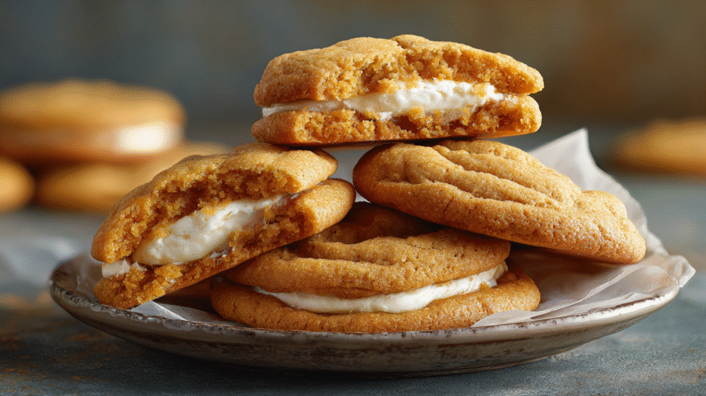Hero shot of Pumpkin Cheesecake Cookies with golden edges and creamy filling