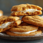 Hero shot of Pumpkin Cheesecake Cookies with golden edges and creamy filling