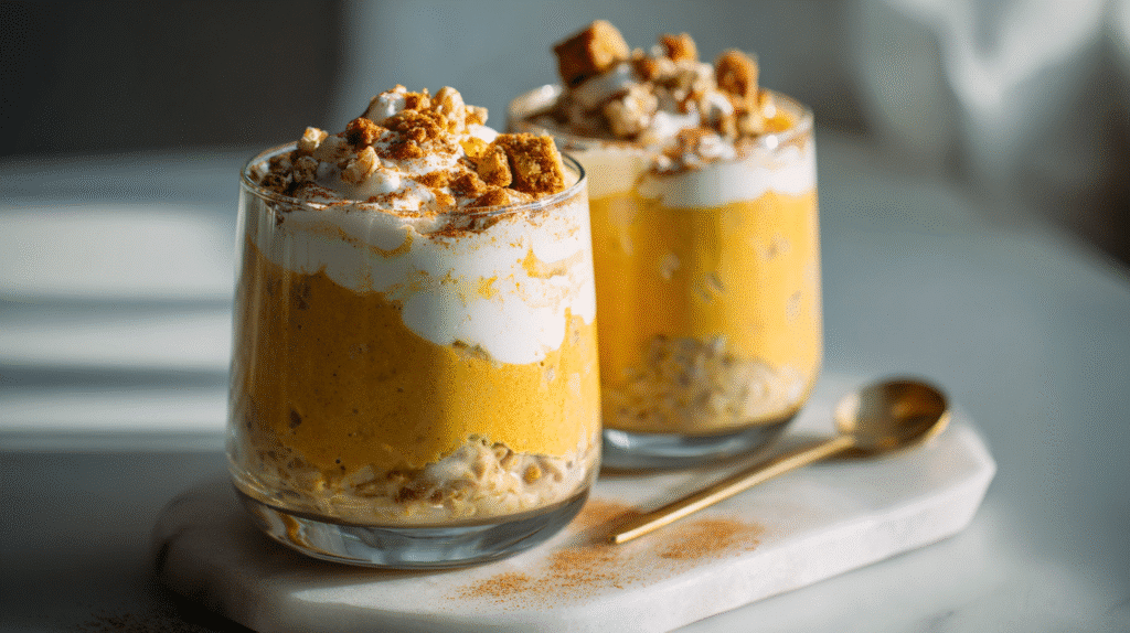 Pumpkin Cheesecake Overnight Oats finished dish on elegant plate