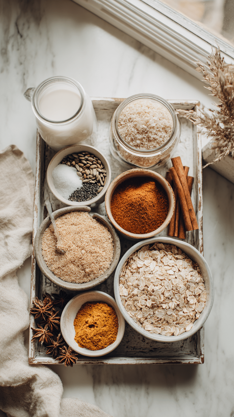 Pumpkin Cheesecake Overnight Oats ingredients arranged on marble countertop