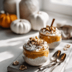 Pumpkin Cheesecake Overnight Oats recipe card with complete instructions