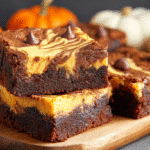 Hero shot of Pumpkin Cheesecake Swirl Brownies with swirled top and fudgy texture