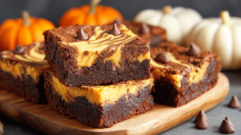 Hero shot of Pumpkin Cheesecake Swirl Brownies with swirled top and fudgy texture