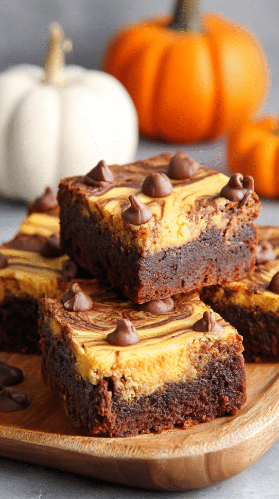 Pumpkin Cheesecake Swirl Brownies being served on beautiful dinnerware