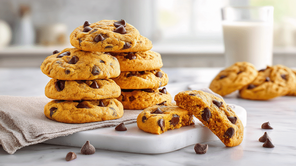 Pumpkin Chocolate Chip Cookies stacked and scattered on a white marble countertop, showing gooey chocolate chips and soft pumpkin texture