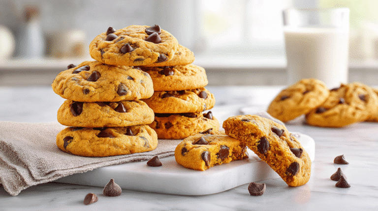 Pumpkin Chocolate Chip Cookies stacked and scattered on a white marble countertop, showing gooey chocolate chips and soft pumpkin texture