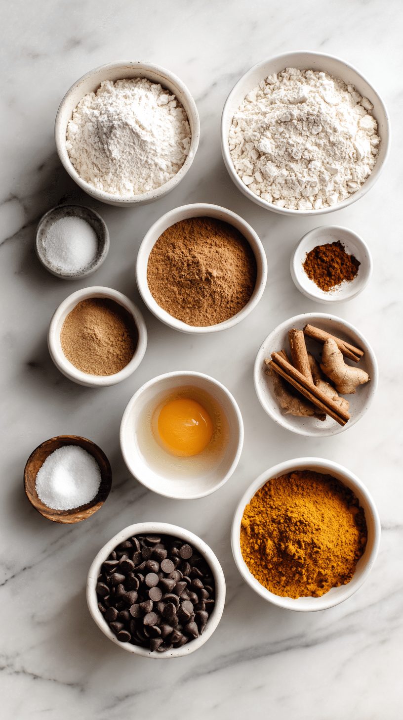 Ingredients for Pumpkin Chocolate Chip Cookies arranged on marble countertop