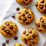 Top-down view of Pumpkin Chocolate Chip Cookies arranged on marble countertop
