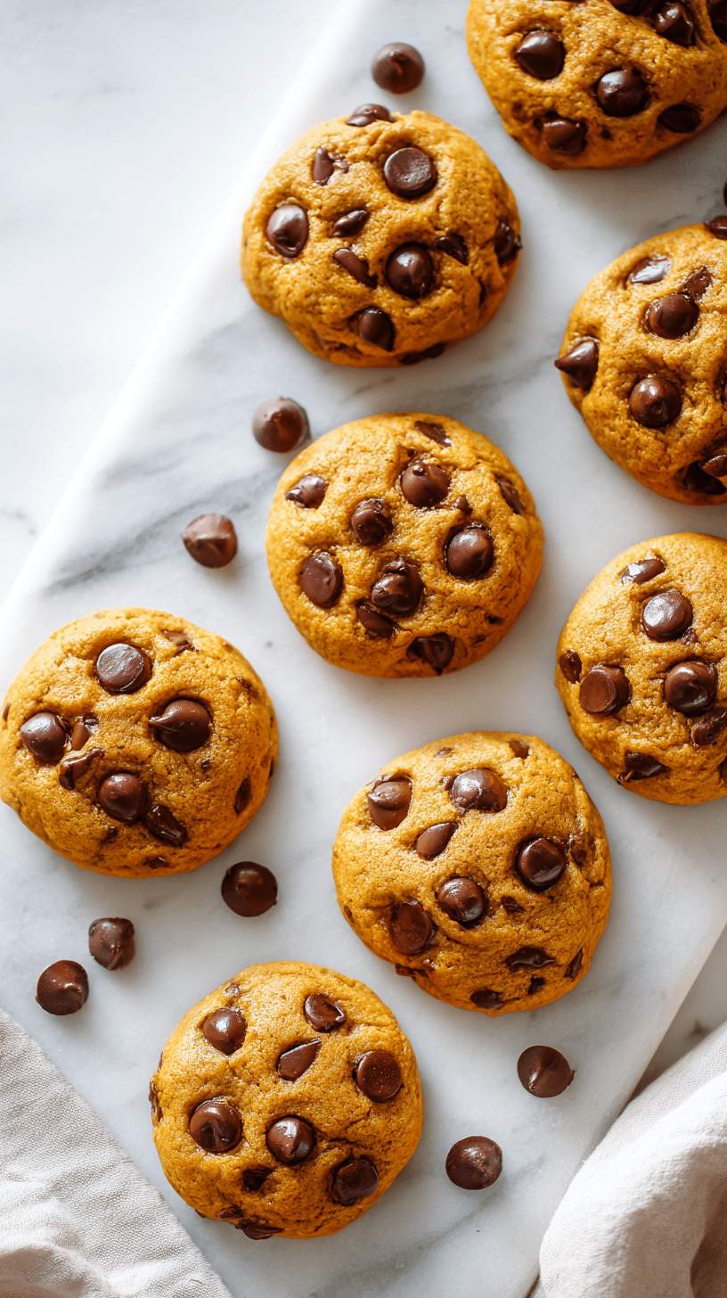 Top-down view of Pumpkin Chocolate Chip Cookies arranged on marble countertop