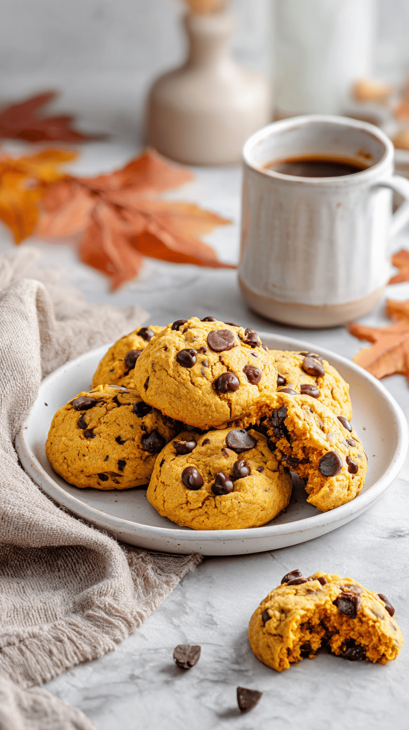 Pumpkin Chocolate Chip Cookies served on a plate with coffee and autumn decor