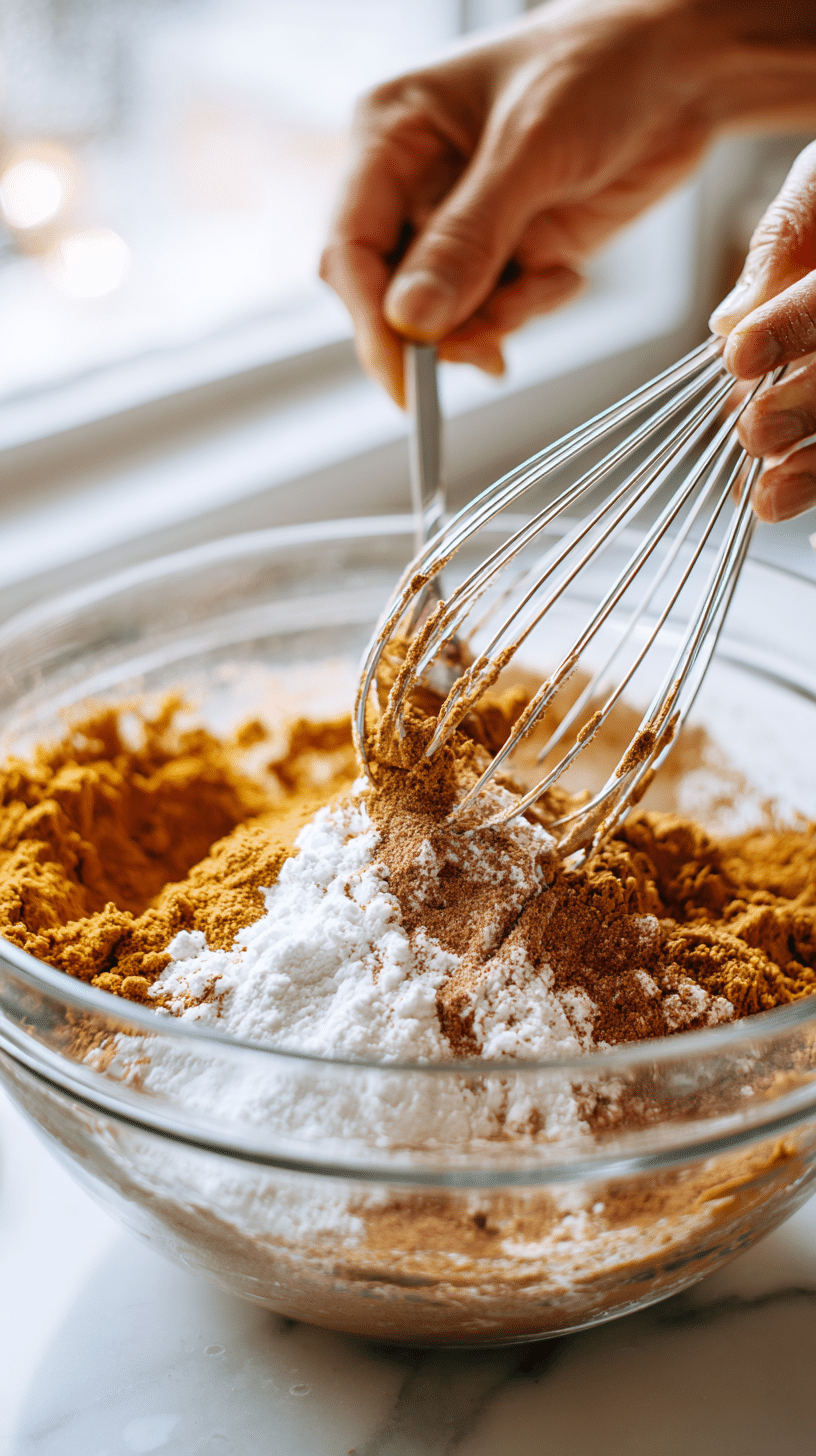 Whisking dry ingredients for Pumpkin Chocolate Chip Cookies in a glass bowl