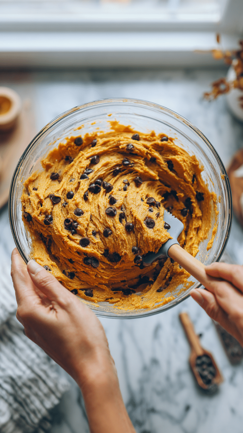 Mixing wet ingredients for Pumpkin Chocolate Chip Cookies in a glass bowl