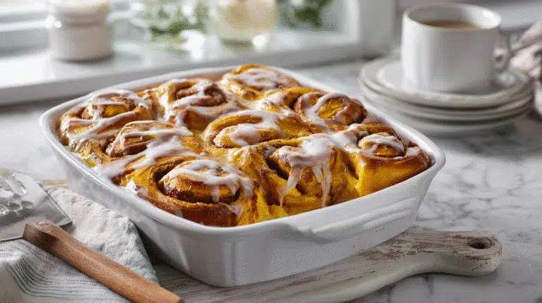 Pumpkin cinnamon roll casserole hero shot with golden cinnamon rolls and pumpkin custard in a white baking dish