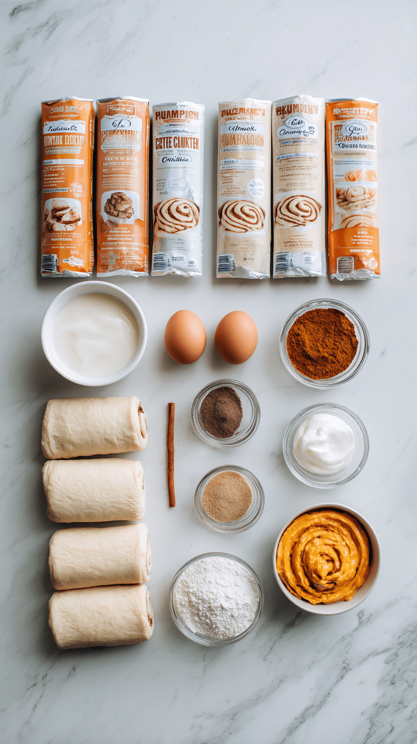 Ingredients for pumpkin cinnamon roll casserole arranged on marble countertop