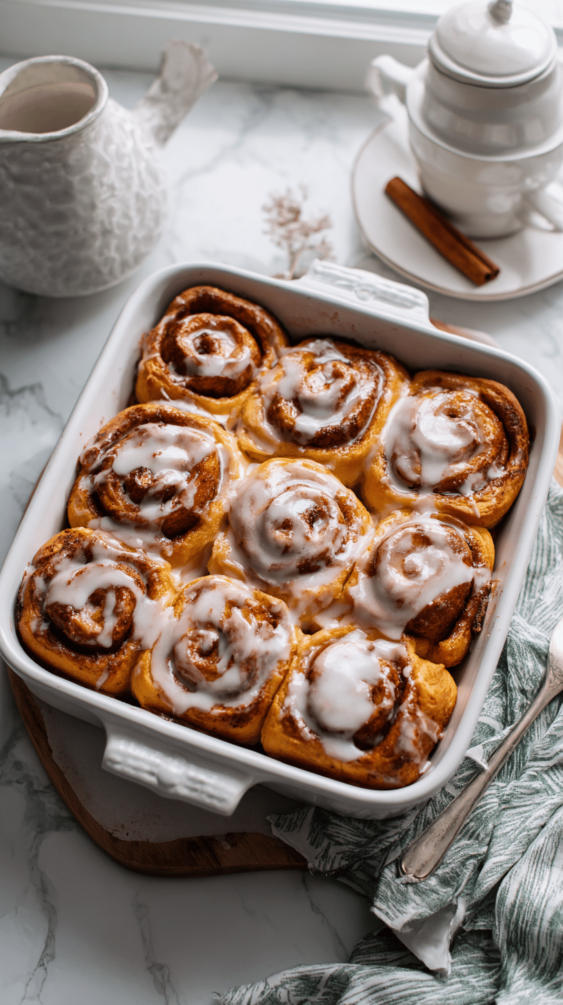 Pumpkin cinnamon roll casserole top-down view in baking dish