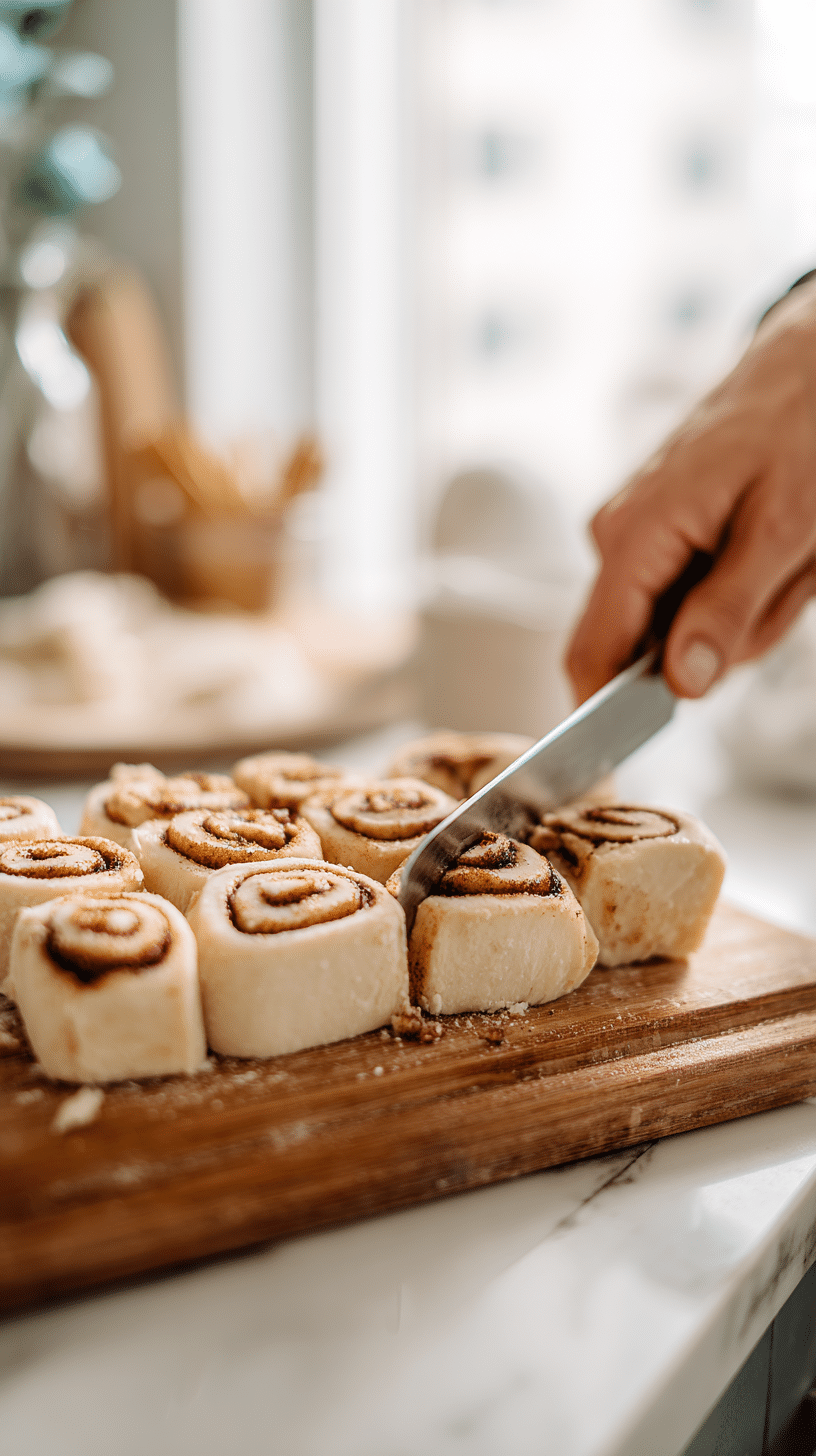 Step 1 for pumpkin cinnamon roll casserole: slicing cinnamon roll dough into bite-sized pieces