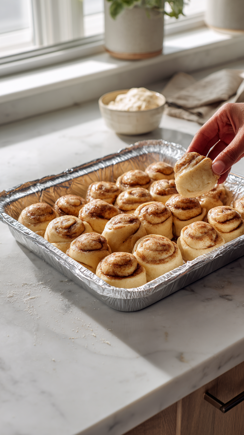 Step 2 for pumpkin cinnamon roll casserole: arranging cinnamon roll pieces in baking pan