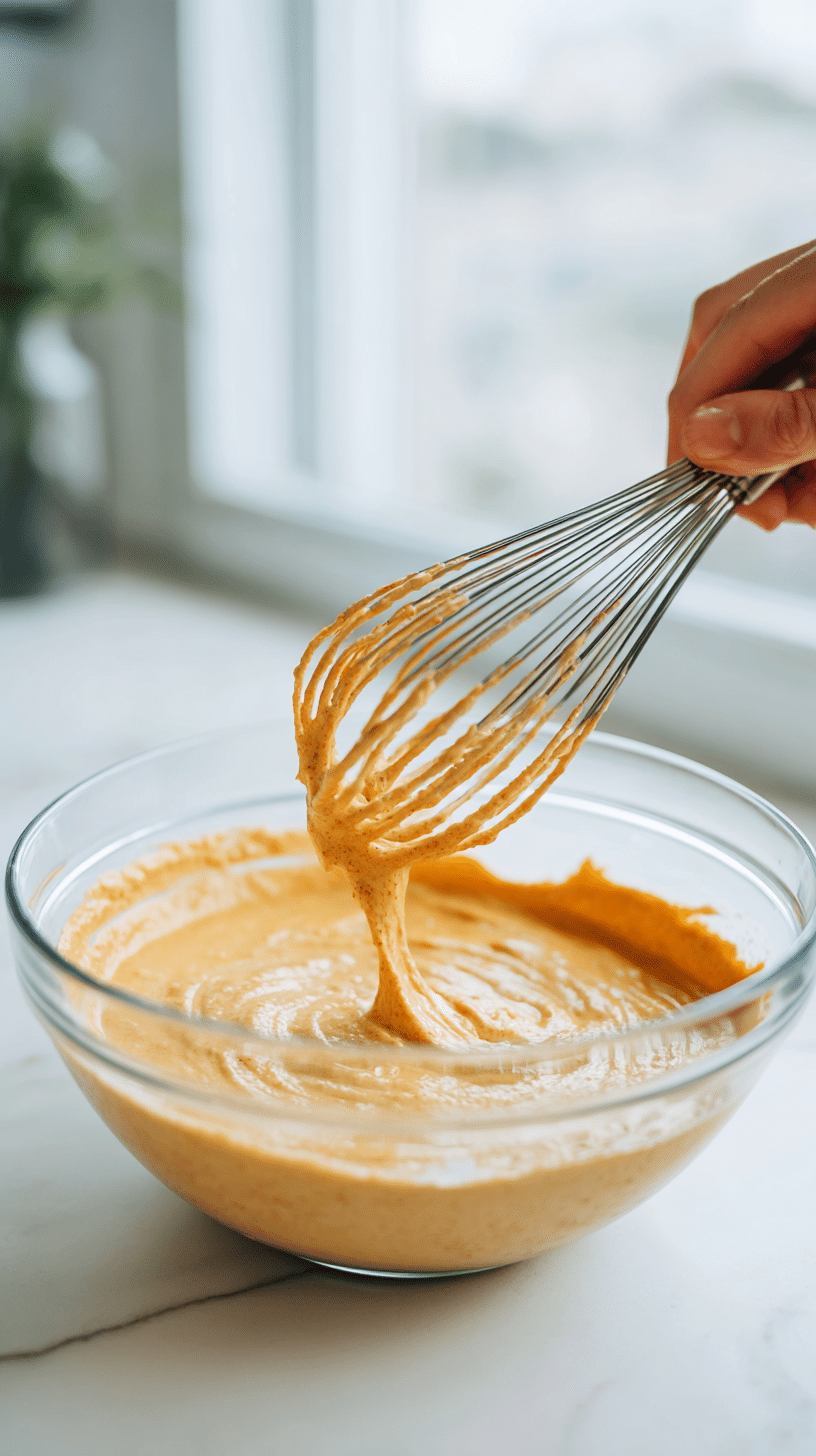 Step 3 for pumpkin cinnamon roll casserole: whisking pumpkin custard mixture in glass bowl