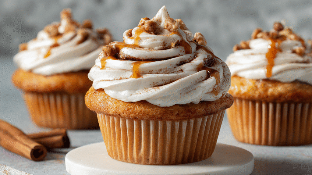 Hero shot of pumpkin cinnamon roll cupcakes