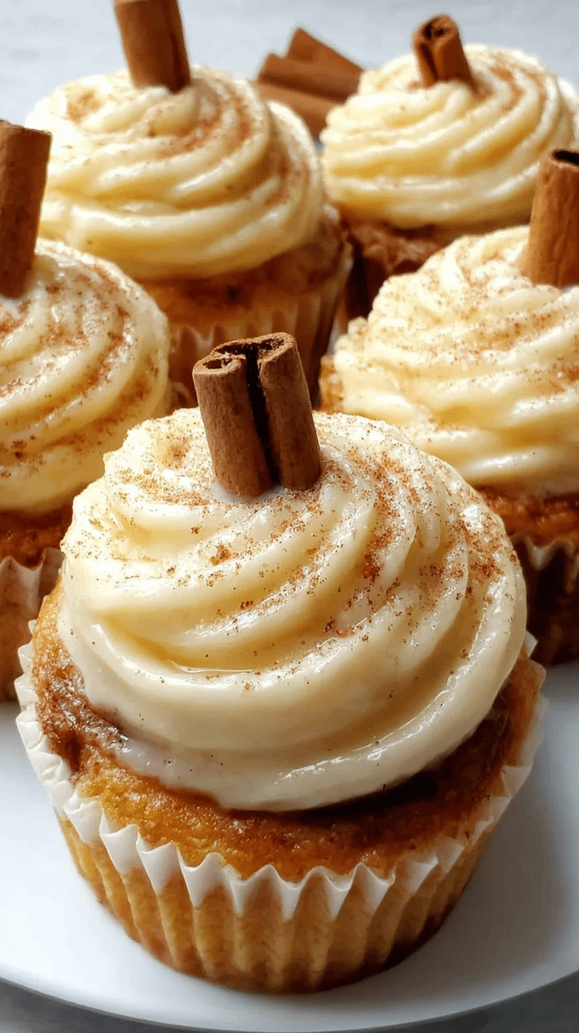 Pumpkin cinnamon roll cupcakes being served on beautiful dinnerware