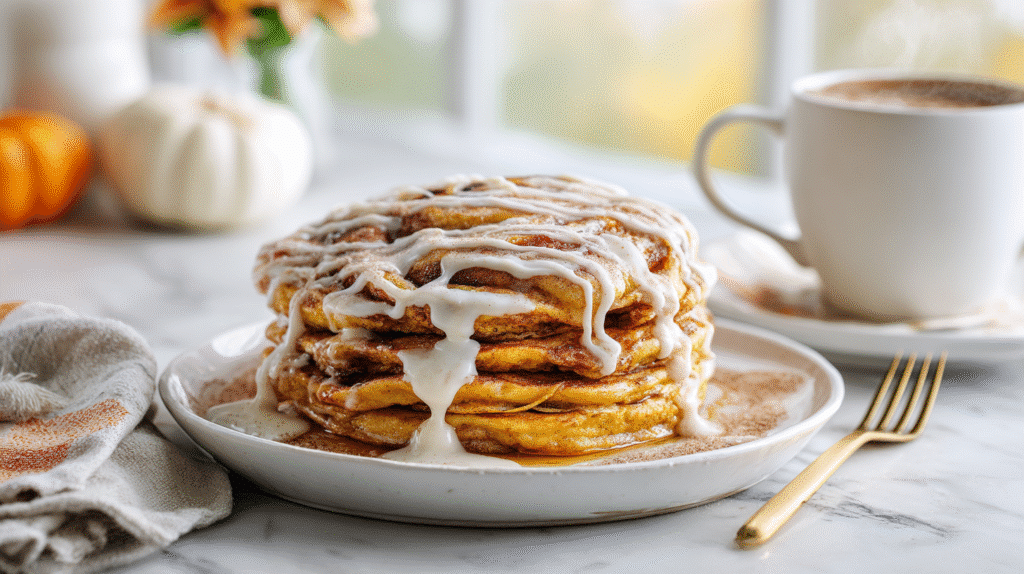 Hero shot of pumpkin cinnamon roll pancakes stacked high with cream cheese icing in a bright Scandinavian kitchen