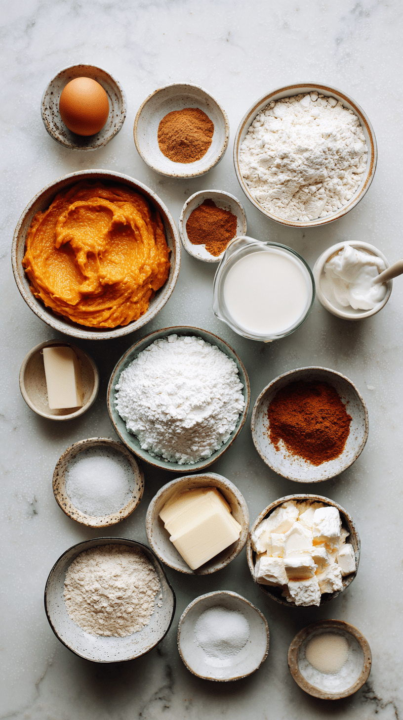 Ingredients for pumpkin cinnamon roll pancakes arranged on marble countertop