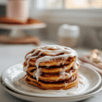 Top-down view of pumpkin cinnamon roll pancakes with cream cheese icing