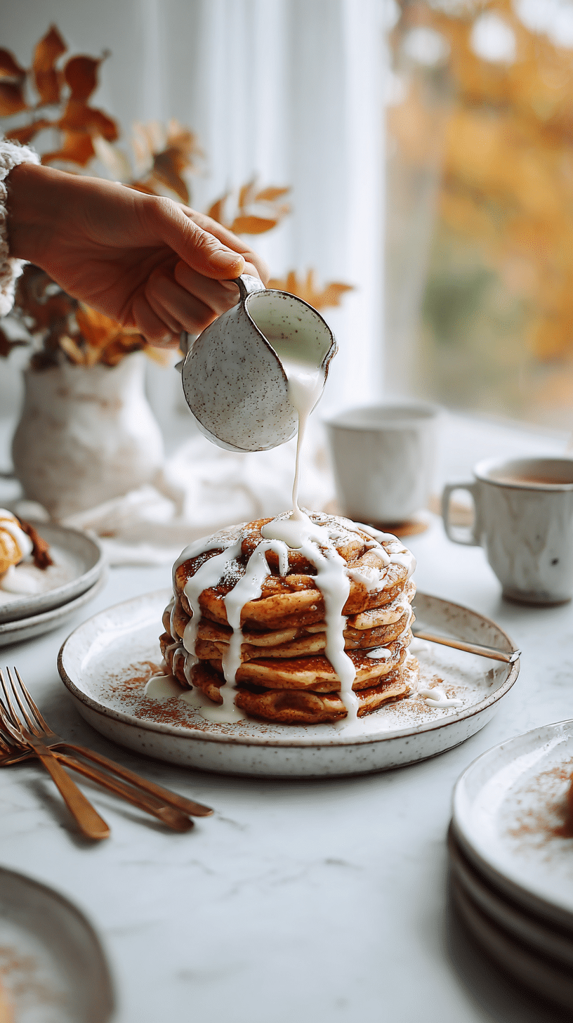 Serving pumpkin cinnamon roll pancakes with cream cheese icing at the breakfast table