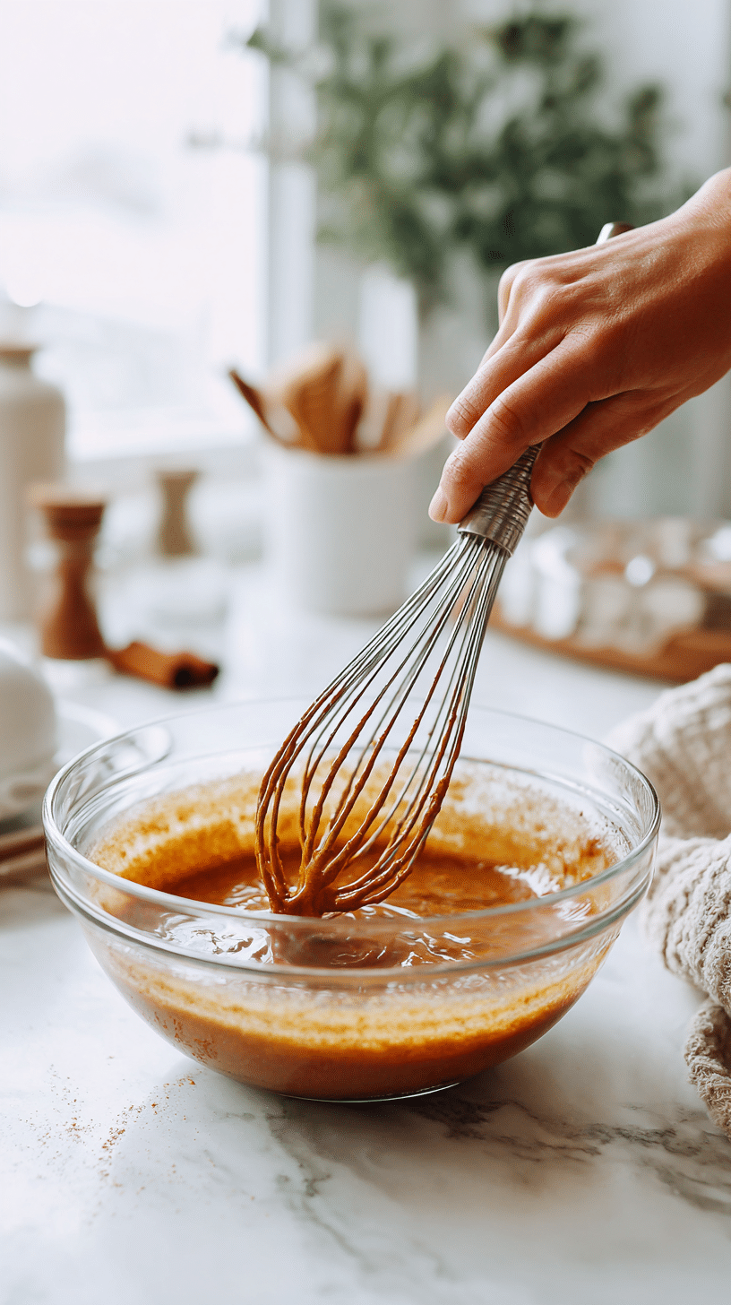 Whisking cinnamon filling for pumpkin cinnamon roll pancakes in a glass bowl
