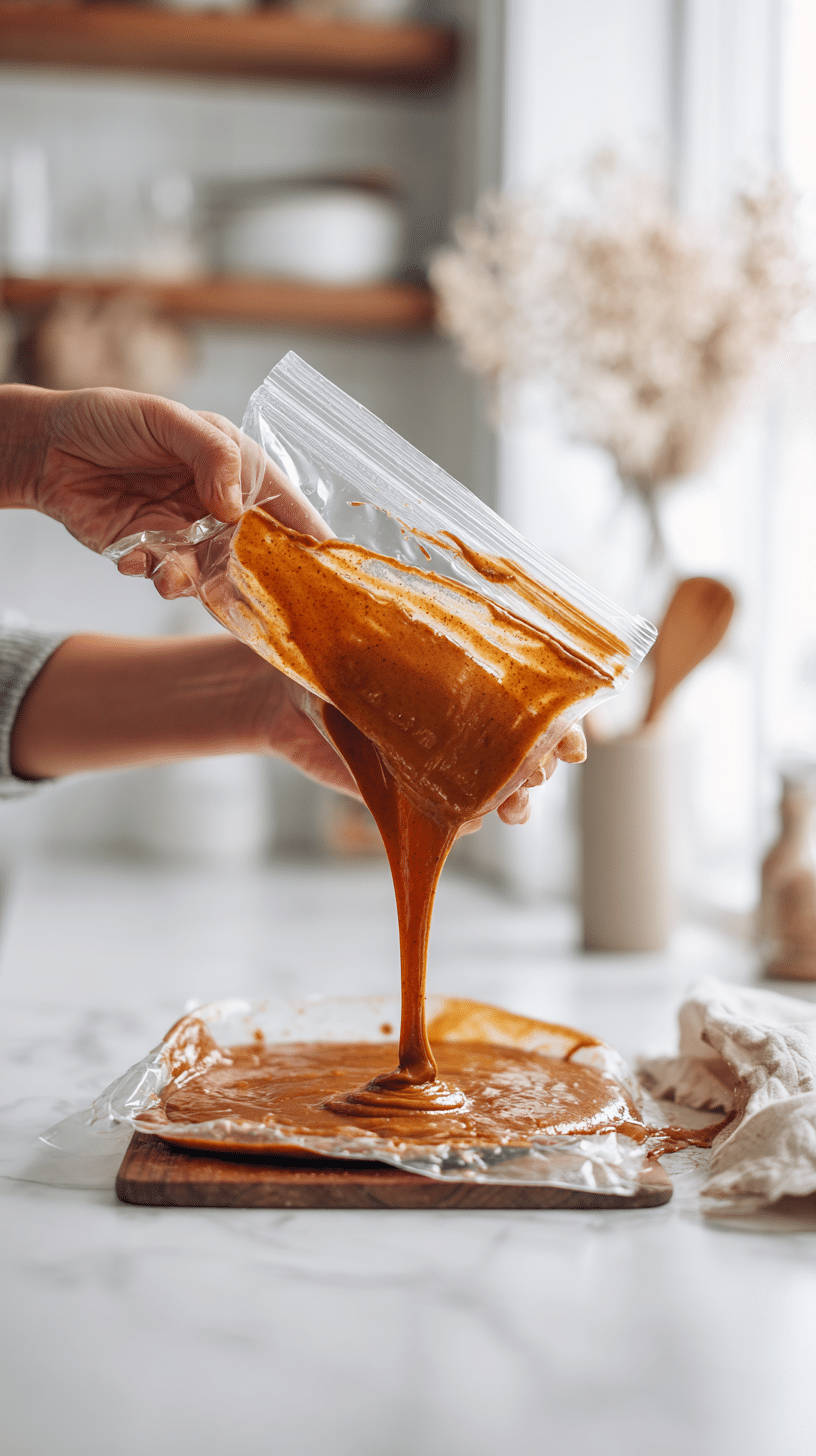 Transferring cinnamon filling for pumpkin cinnamon roll pancakes into a zip-top bag