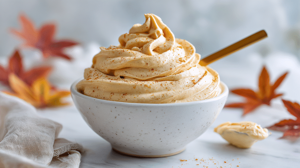 Pumpkin Cream Cheese Frosting swirled in a bowl with autumn maple leaves on a white marble countertop