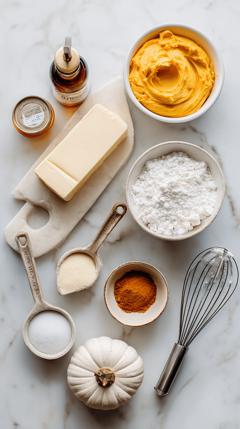 Ingredients for Pumpkin Cream Cheese Frosting arranged on marble countertop