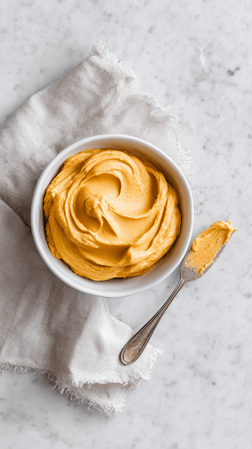 Top-down view of Pumpkin Cream Cheese Frosting in a bowl on marble countertop