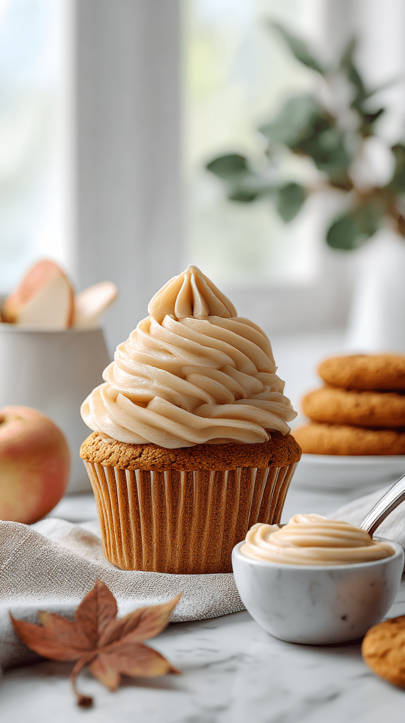 Pumpkin Cream Cheese Frosting served on cupcake with apples and cookies for dipping
