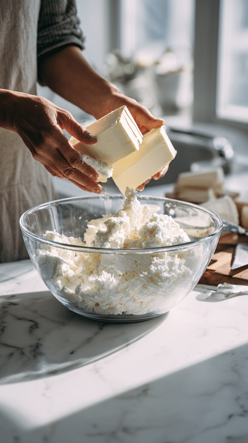 Step 1 for Pumpkin Cream Cheese Frosting: adding softened butter and cream cheese to mixing bowl
