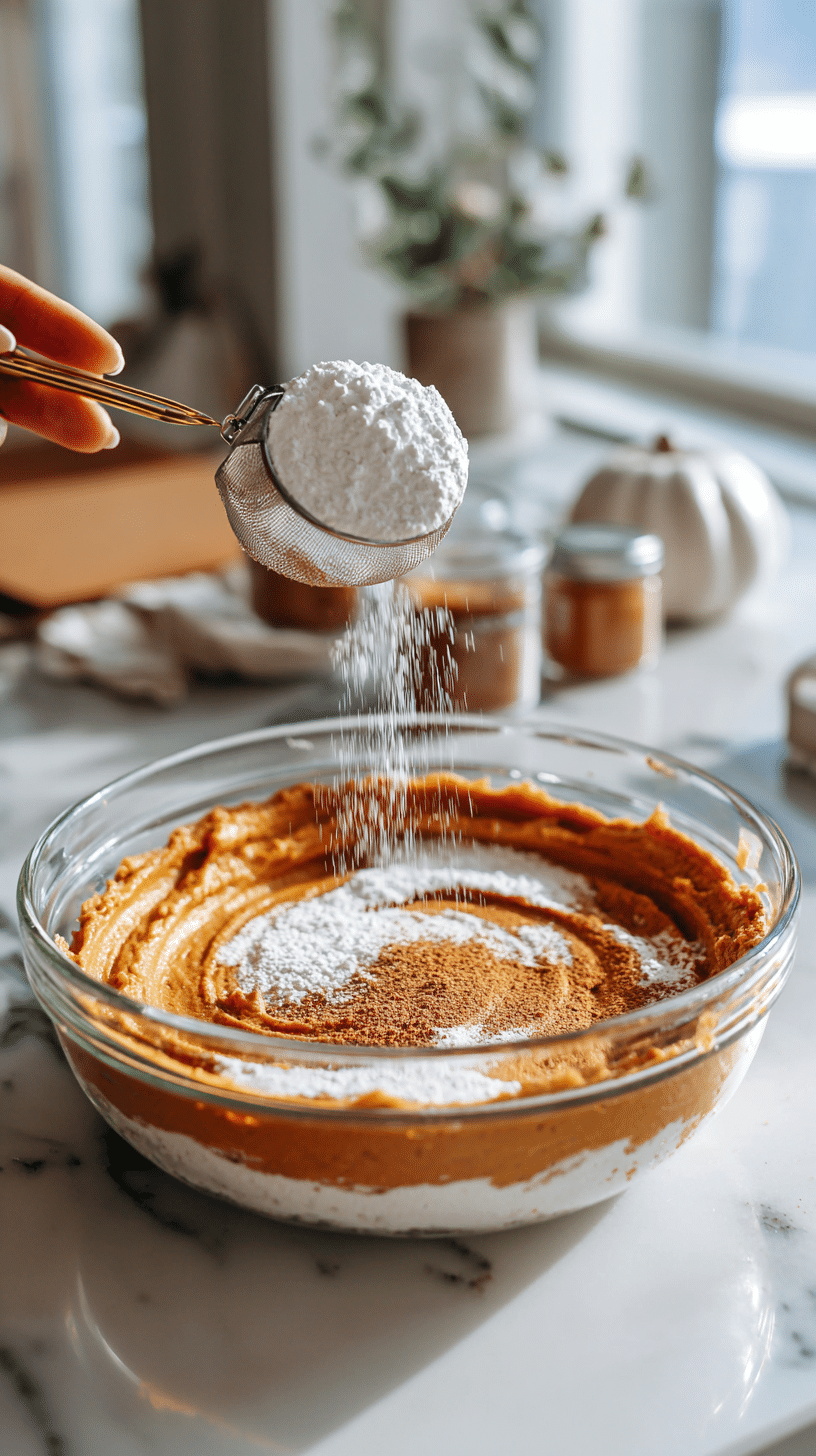 Step 3 for Pumpkin Cream Cheese Frosting: adding pumpkin, powdered sugar, extract, and spice to creamed mixture