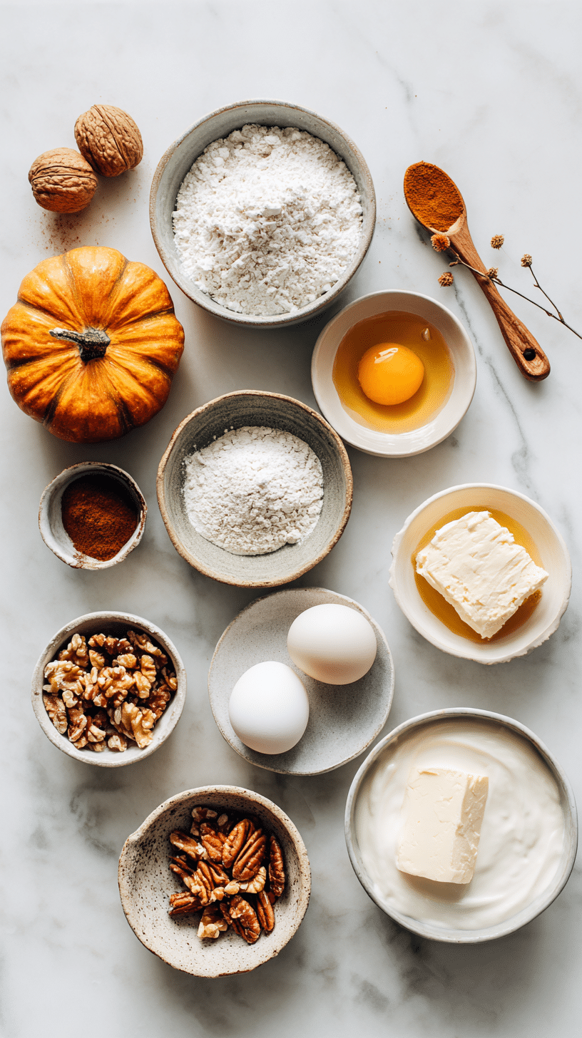 Pumpkin Muffins with Maple Cream Cheese Filling ingredients arranged on marble countertop