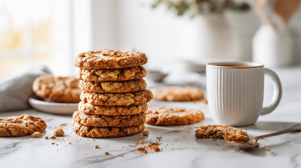 Pumpkin Pie Cookies hero shot stacked on marble countertop with cider, autumn scene