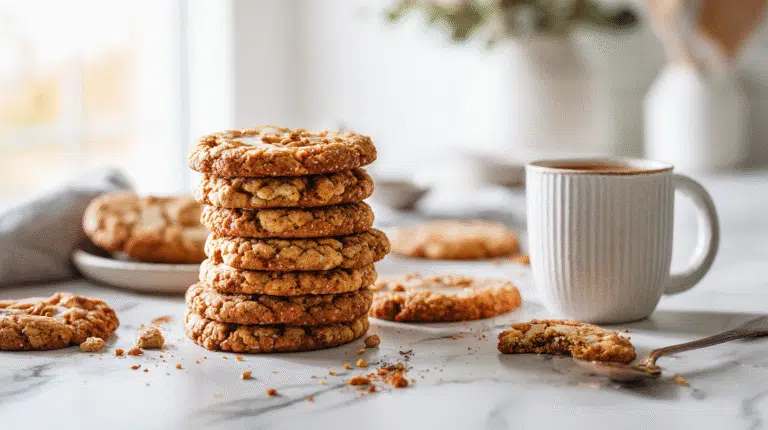 Pumpkin Pie Cookies hero shot stacked on marble countertop with cider, autumn scene