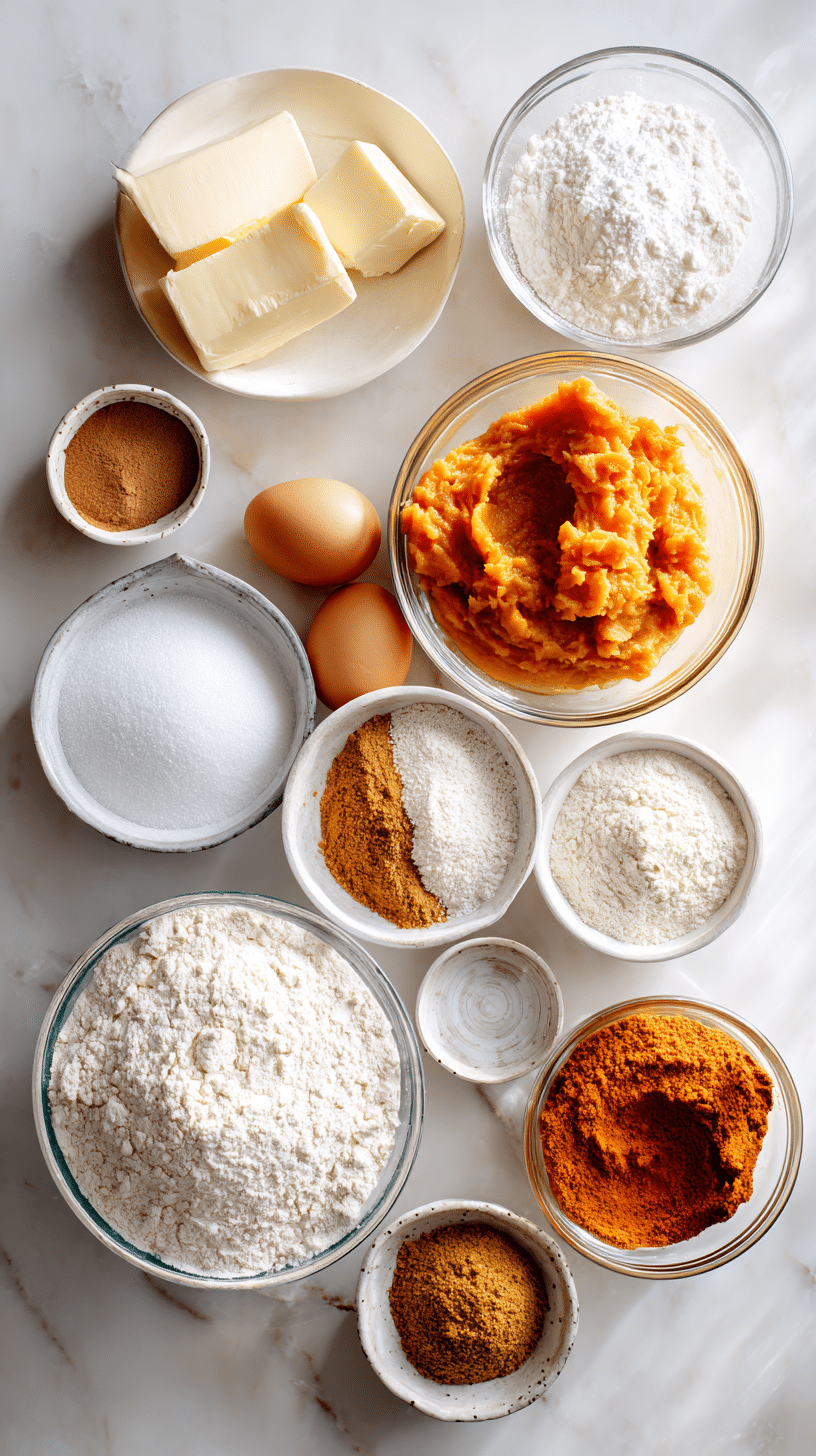 Ingredients for Pumpkin Pie Cookies arranged on marble countertop with bowls and measuring cups