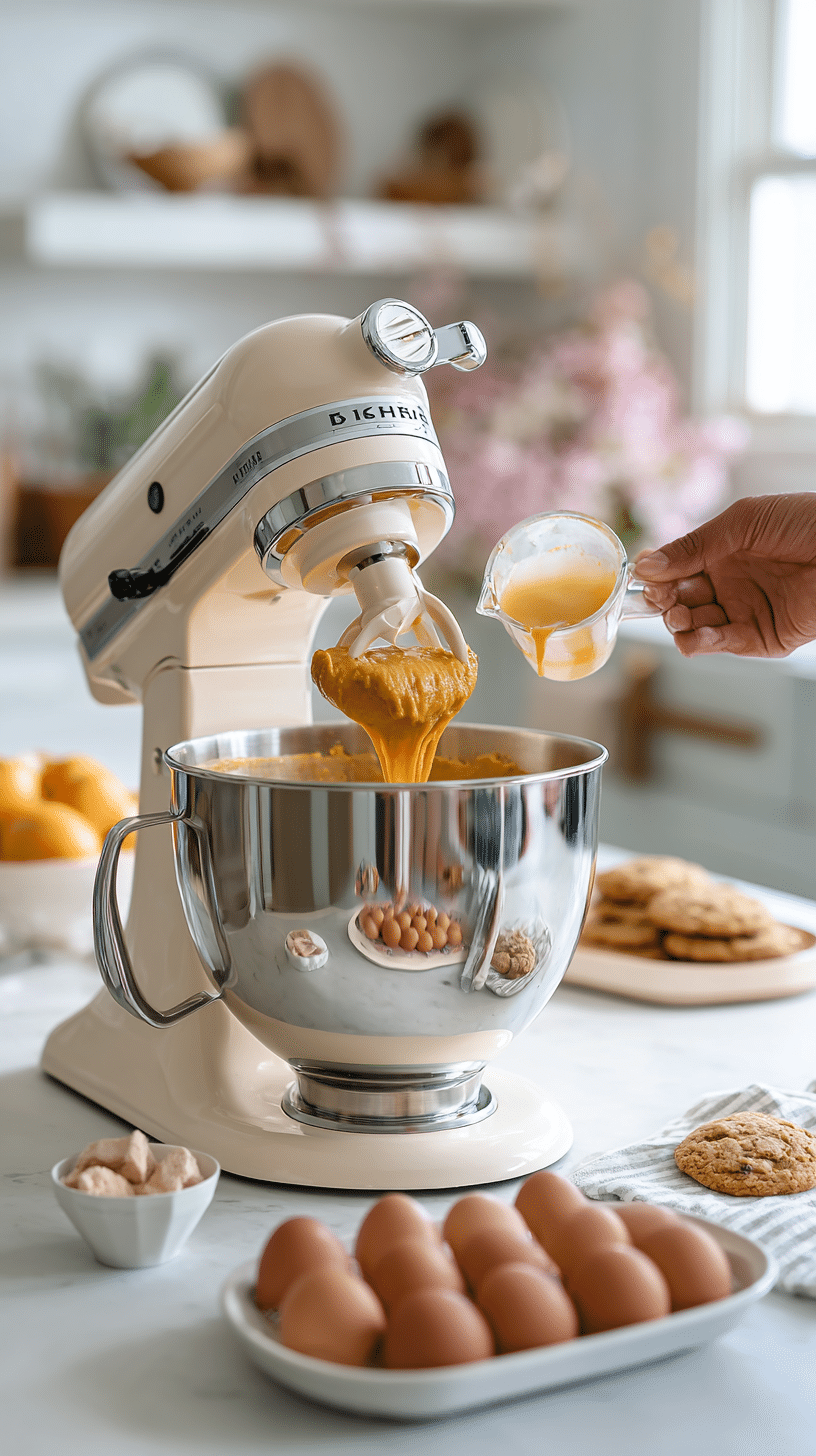 Adding pumpkin puree, egg, and vanilla to Pumpkin Pie Cookies batter in mixer