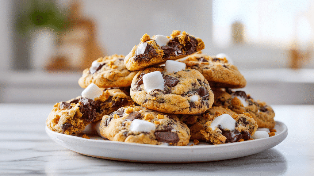Pumpkin S'mores Cookies stacked on a white plate with gooey marshmallow and melted chocolate, hero shot in Scandinavian kitchen