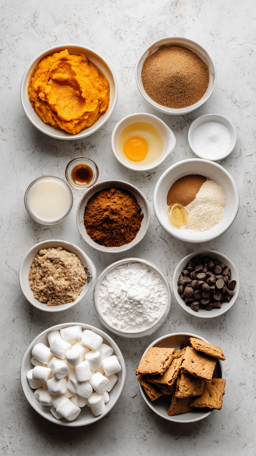 Ingredients for Pumpkin S'mores Cookies arranged on marble countertop in Scandinavian kitchen