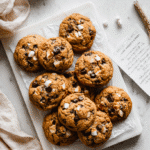 Top-down view of Pumpkin S'mores Cookies with gooey marshmallow and chocolate on marble countertop